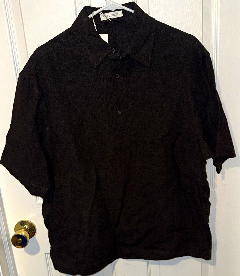 Zara Men's Button-Up Shirt Size M Short Sleeve Browm Solid Linen Point Collar